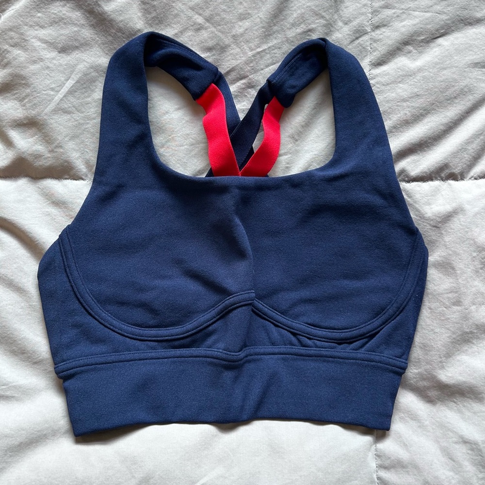 Navy Blue Sports Bra with Red Straps